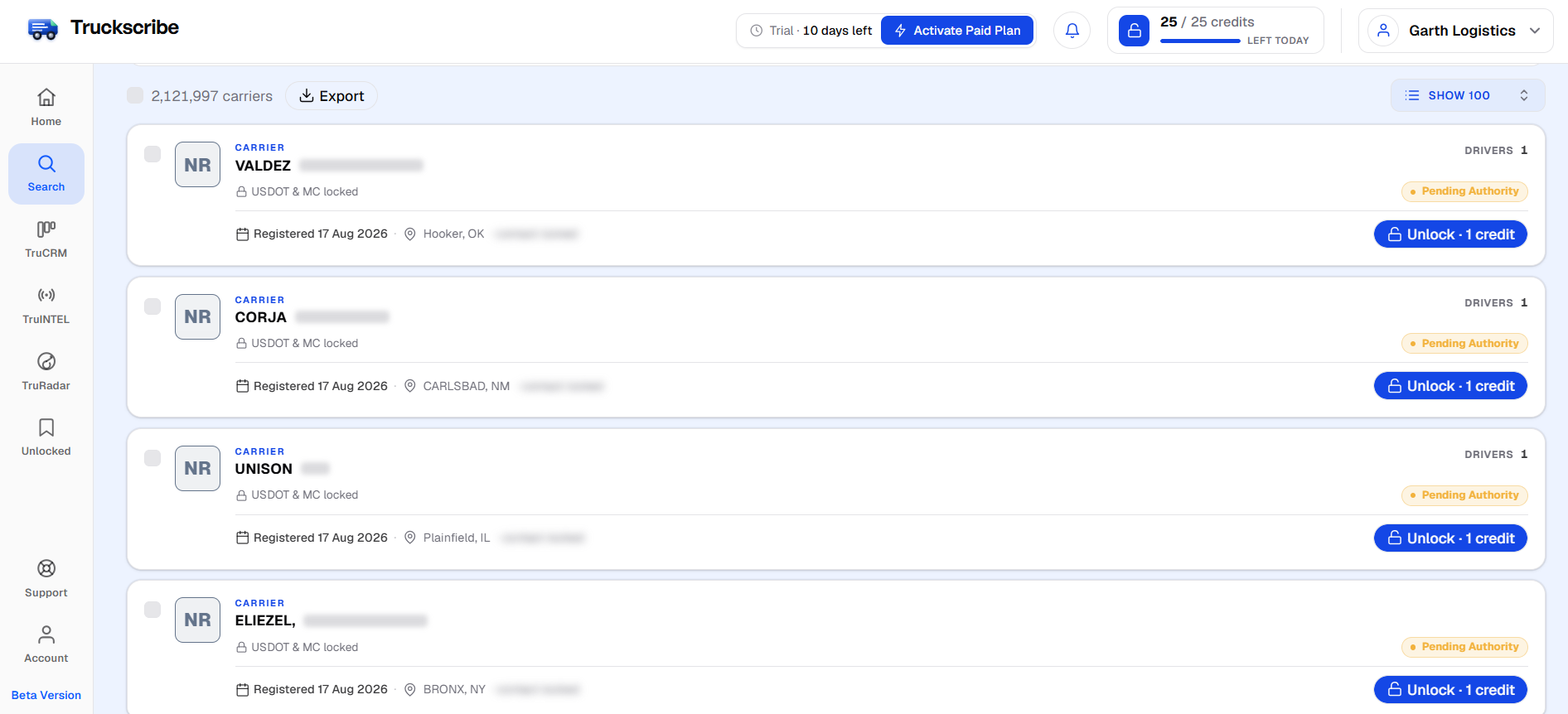 TruckScribe search across every US carrier record